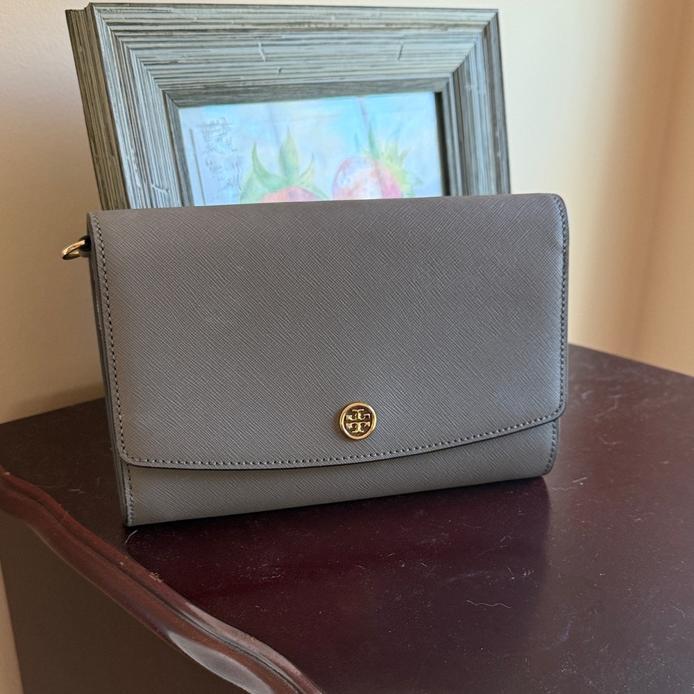Tory Burch Gray Clutch with Gold Accents